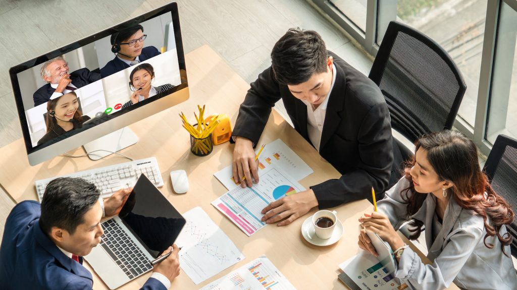 Video call group business people meeting on virtual workplace or remote office